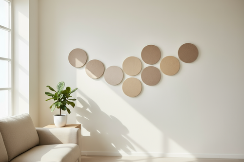 Five circular PET acoustic panels in modern minimalist interior