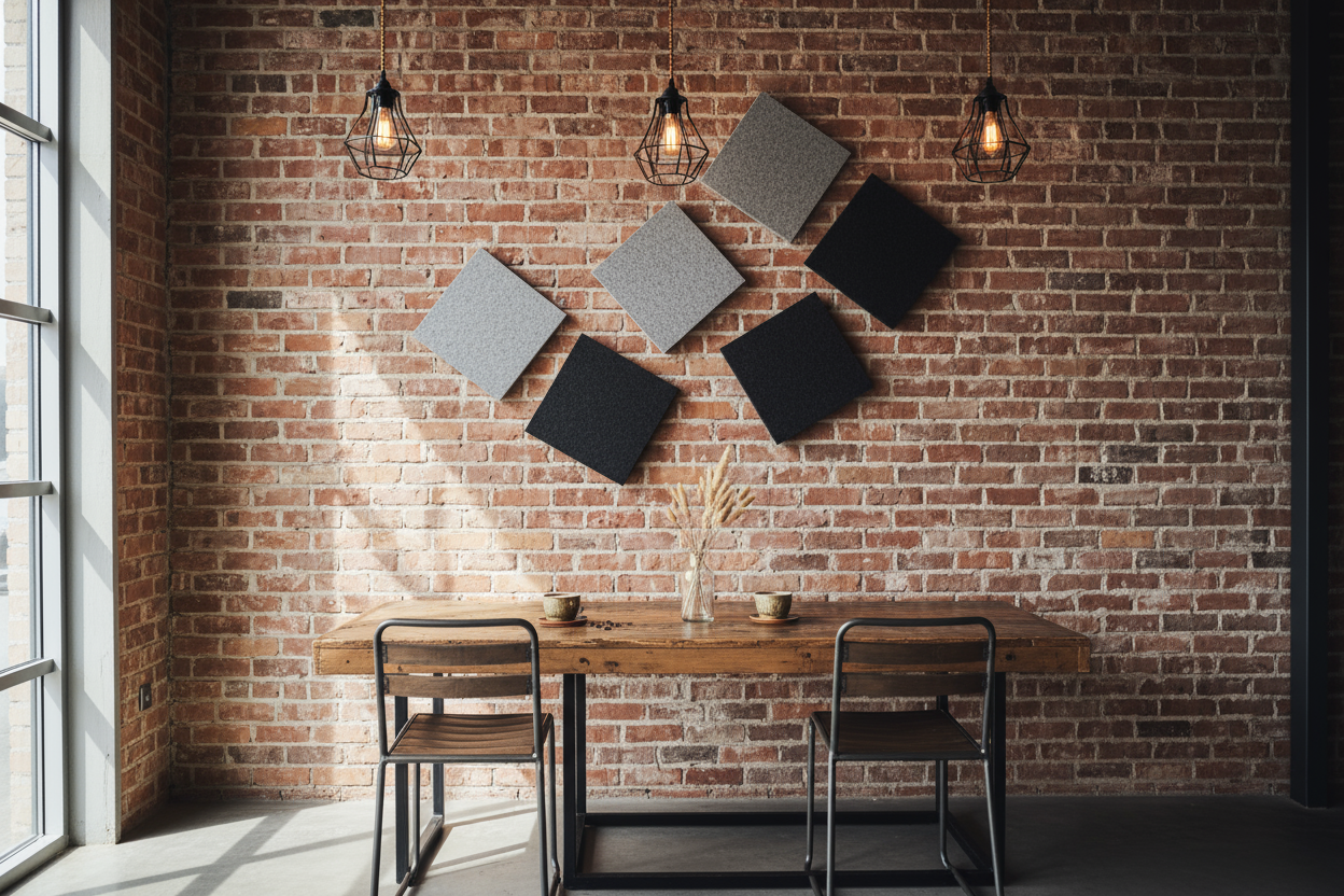 Square acoustic panels in contemporary café