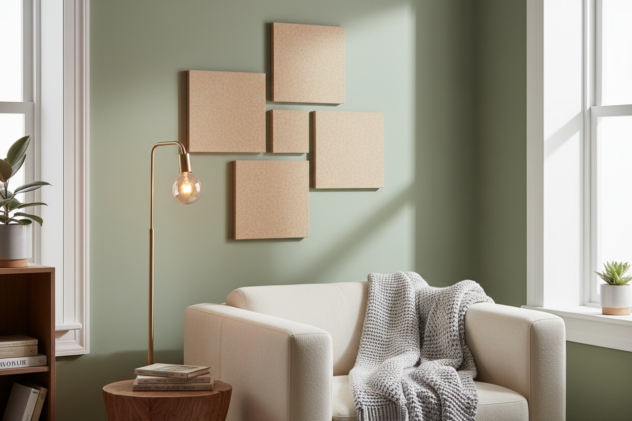 Square acoustic panels in cozy reading nook